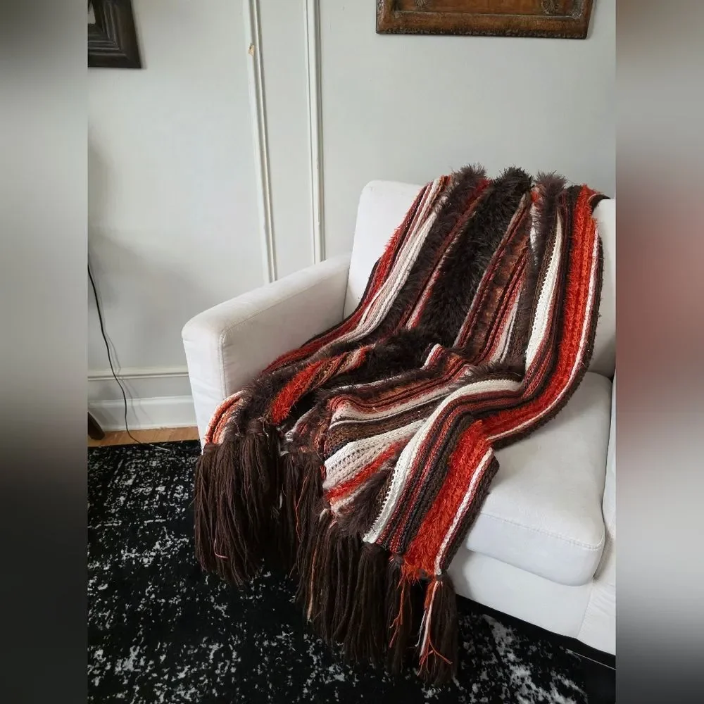 Handmade Thick Knit Fringe Throw Blanket Autumnal Colors Afghan 86x40